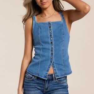 Free People A Moment in Time Jean Top Heart Flower Buttons Denim Vest Size Small